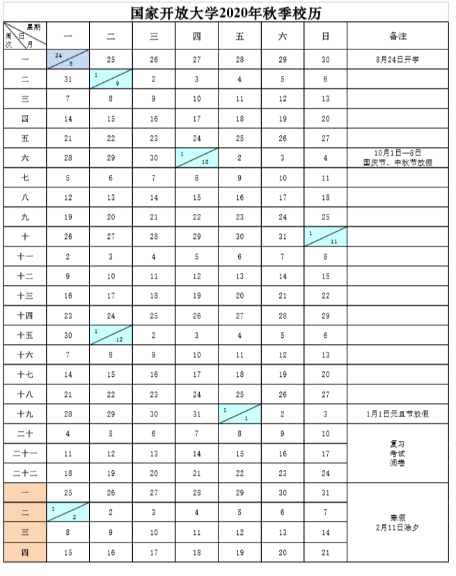 2020年國家開放大學秋季校歷